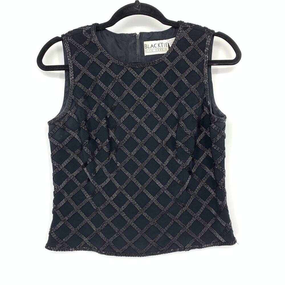 Black Tie Oleg Cassini Sleeveless Beaded Blouse Top Womens Sz 6 Black Dressy
